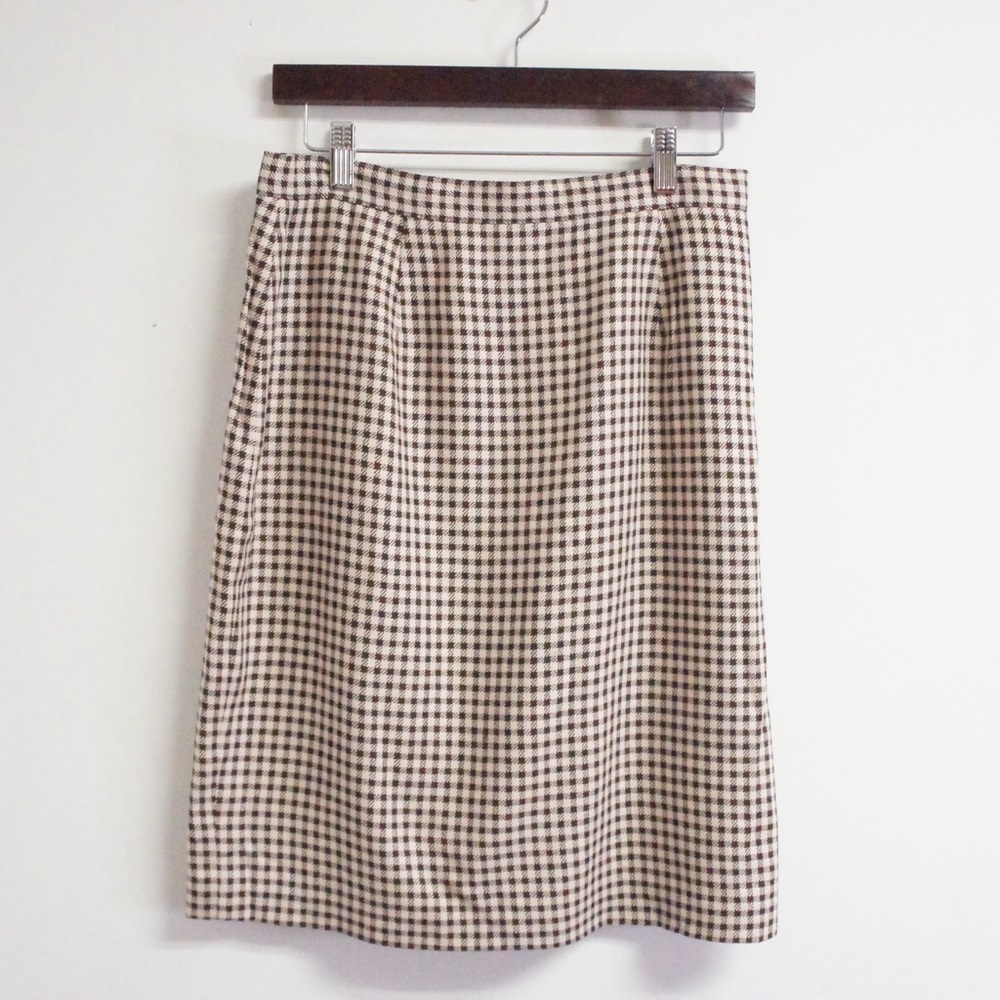 VTG 90s J.Crew Brown Beige Houndstooth Silk Rayon Midi Skirt Size 12 Waist 28"